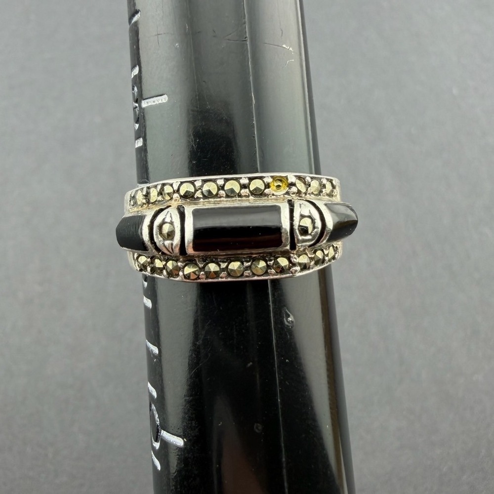NF 925 Sterling Silver Black Onyx Marcasite Art Deco Vintage Band‎ Ring Size 9
